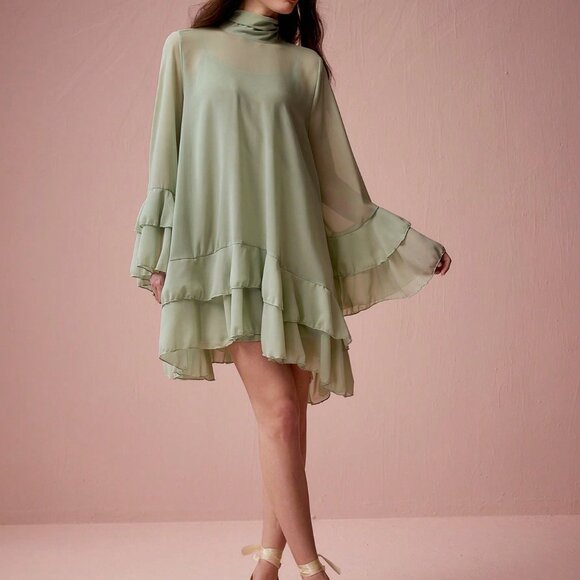 Mint Green Elegant Women's Ruffle Sleeve A-Line Dress - Picture 4 of 6